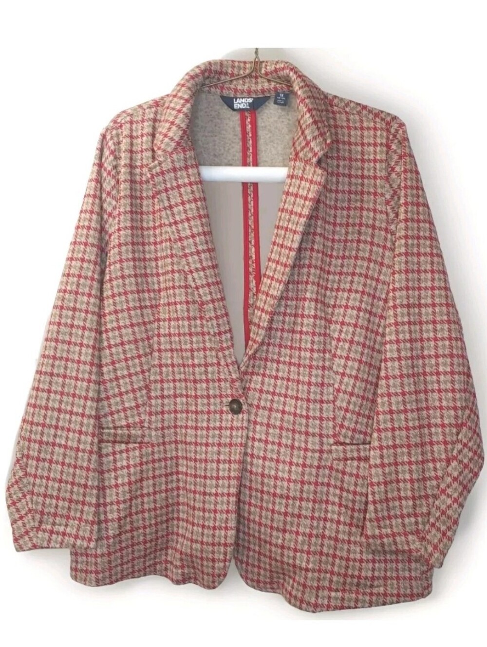 Lands End Woman 1X Fall Sweater Blazer Jacket Red Herringbone Oeko Tech Knit